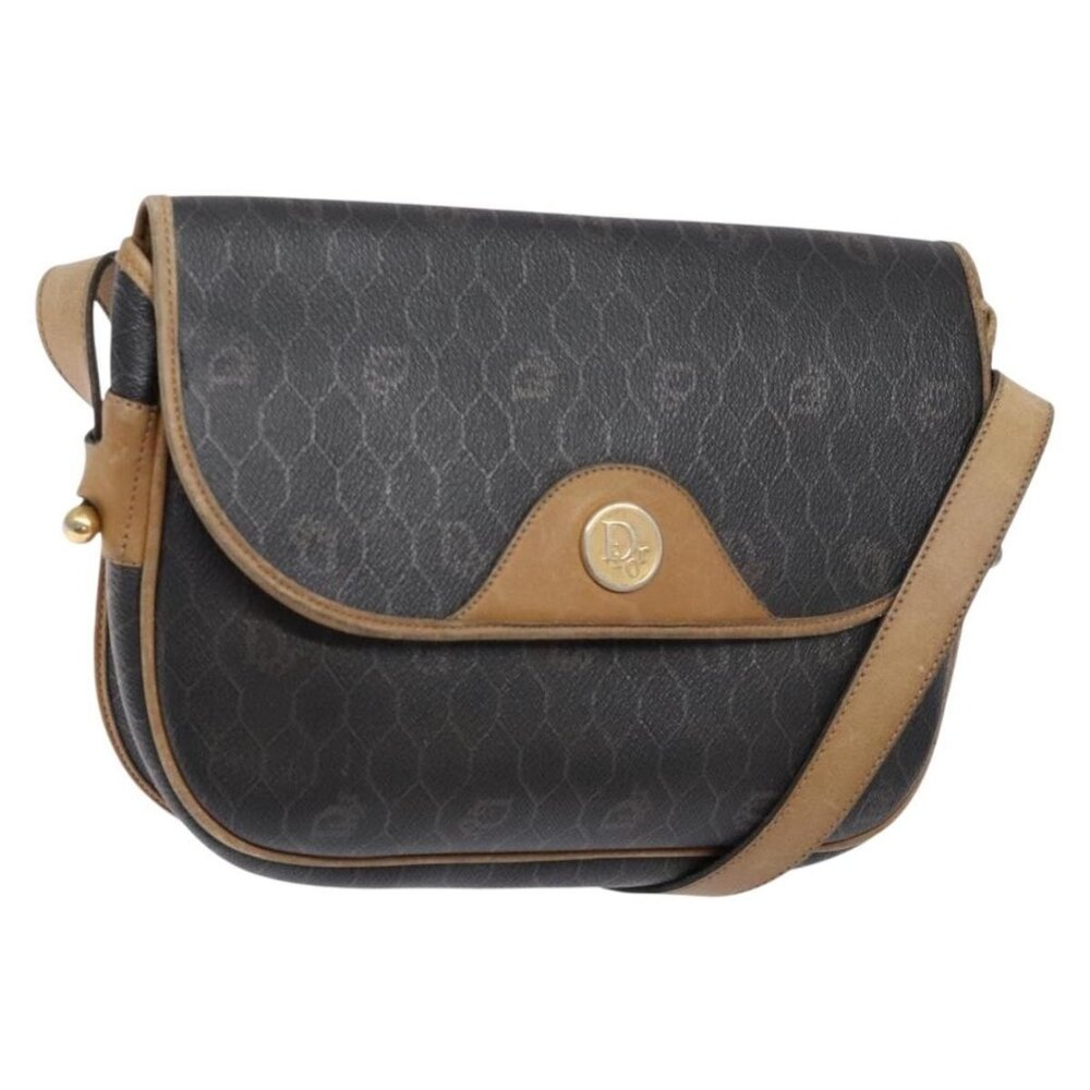 Authentic Christian Dior Honeycomb Canvas Shoulder Bag PVC Black Gold
